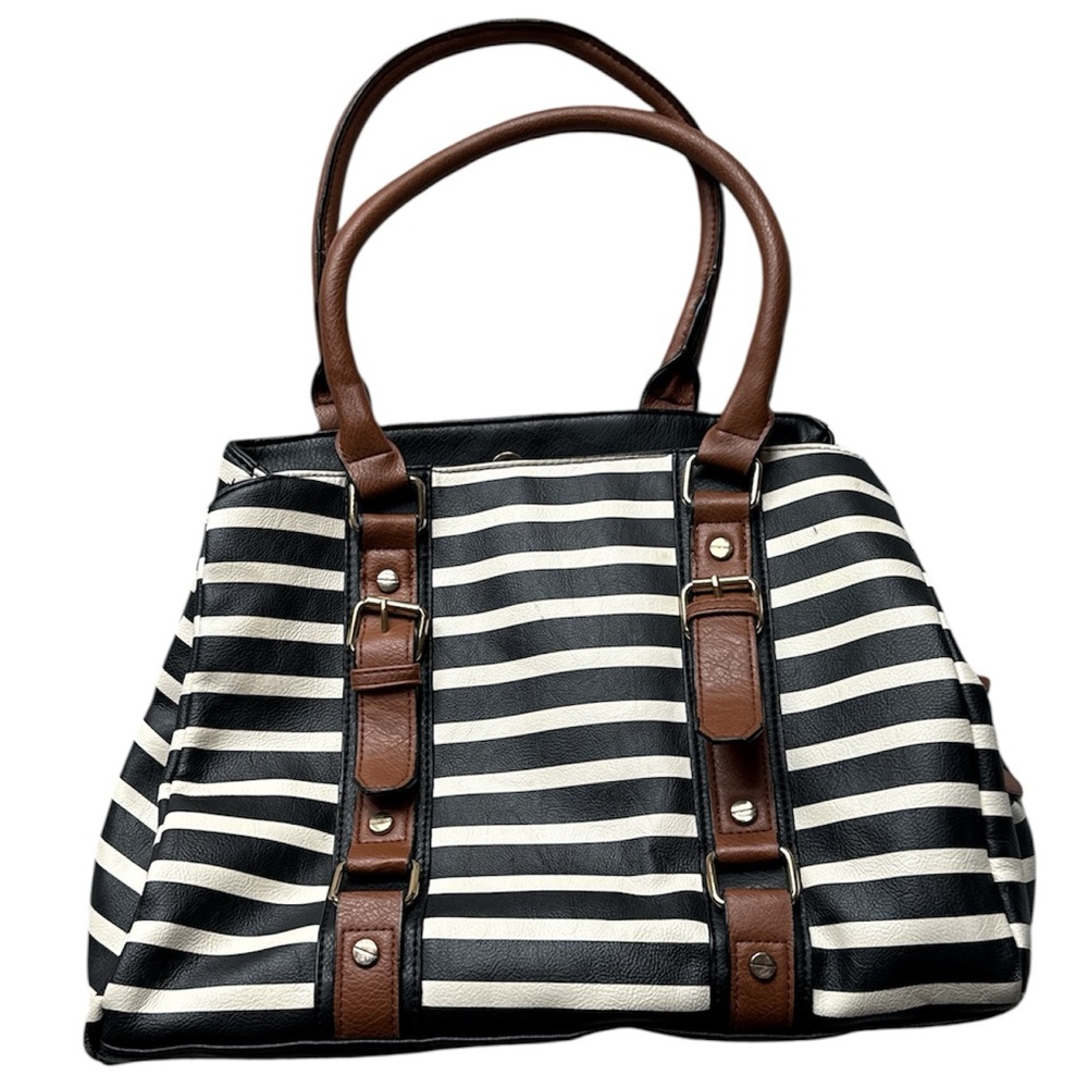 Striped Black, White, and Brown Women's Shoulder Bag / Tote Bag